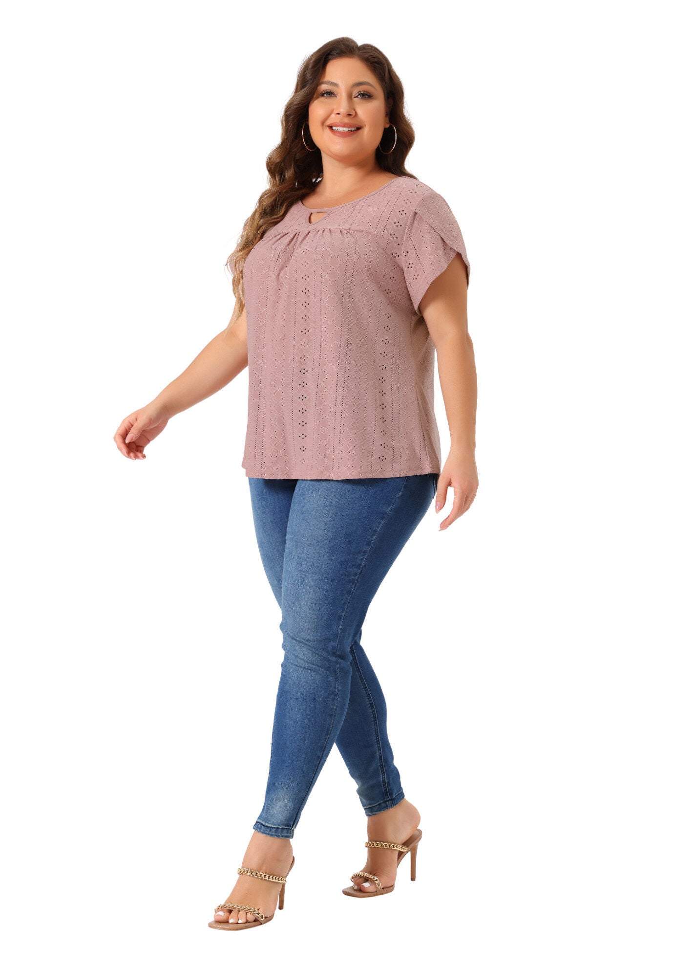 Petal Sleeve Pleated Front Key Hole Round Neck Loose Top, Pink / Pink, hi-res image number 0