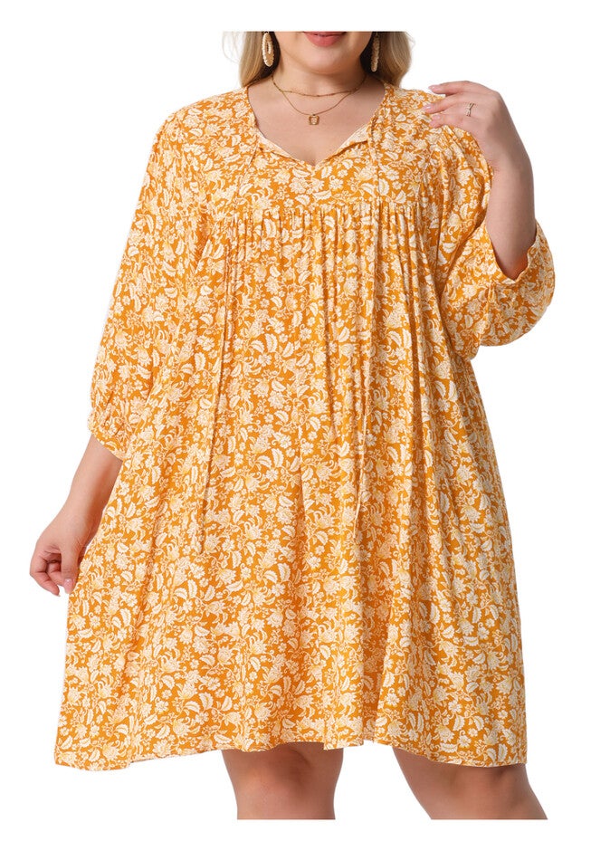 Summer Drawstring V Neck Babydoll Midi Flowy Sundress, Orange / Orange, alternate image number 2