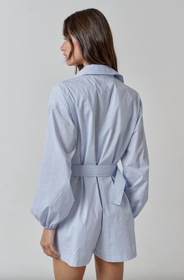 STRIPE BELTED ROMPER, Blue Striped / Azure Blue, alternate image number 2