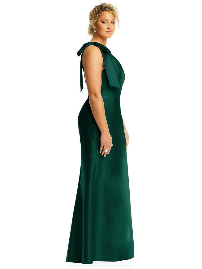 Bow One-Shoulder Satin Trumpet Gown, , alternate image number 5