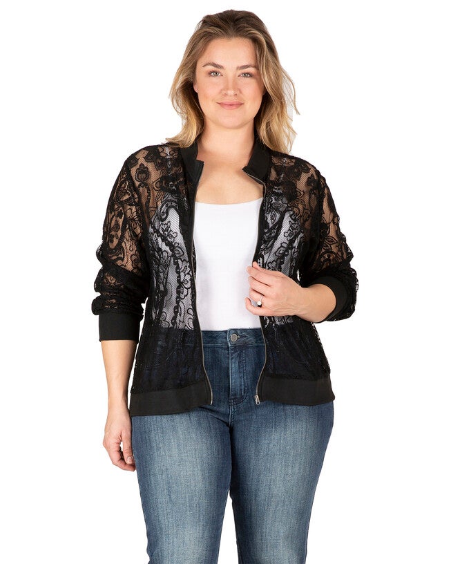 Plus Size Aria Women's Peek-A-Boo Lace Bomber Jacket, Black / Black, hi-res image number 0
