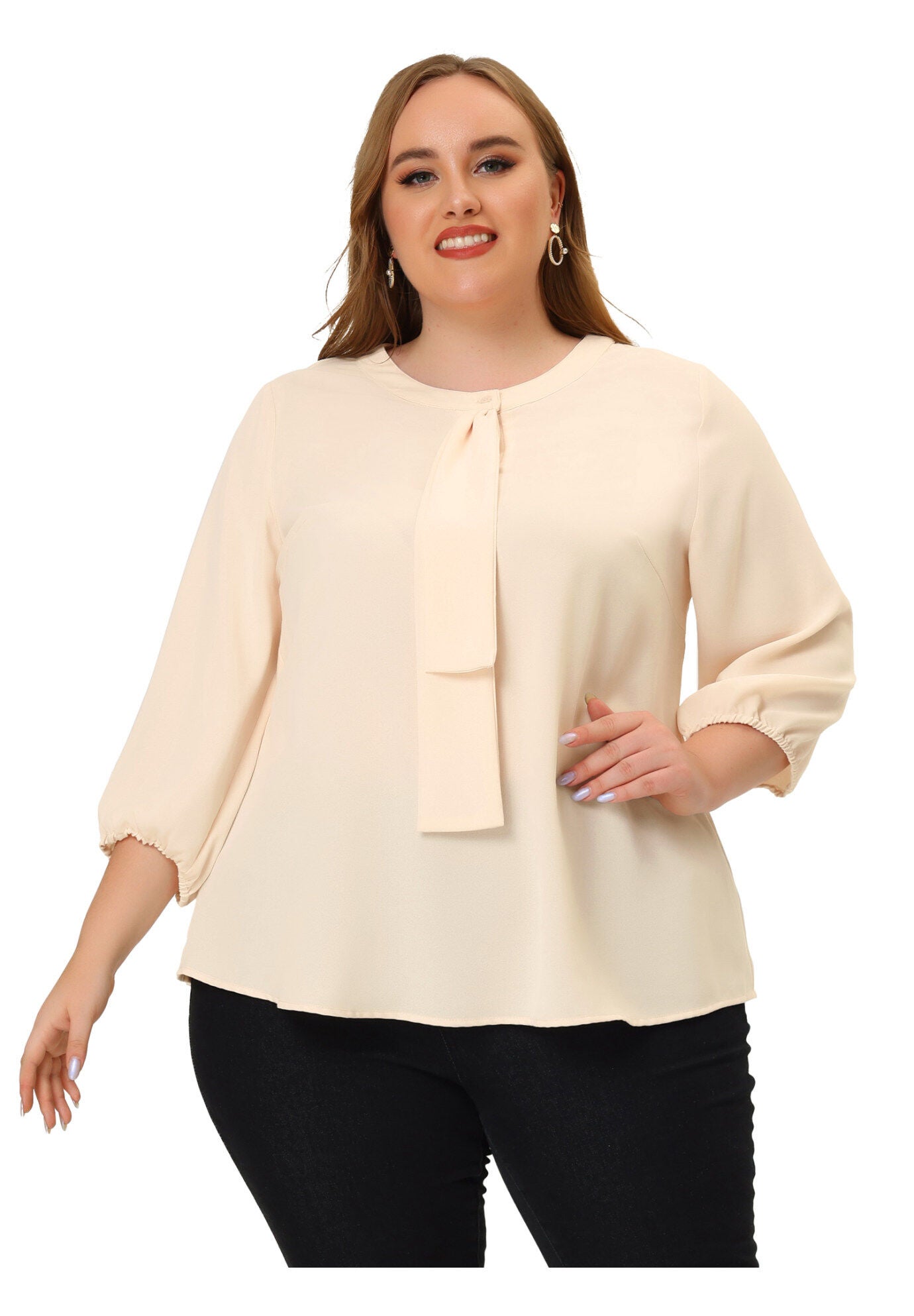 Work Round Neck Ruffle Chiffon Blouse Top, Beige / Beige, alternate image number 1