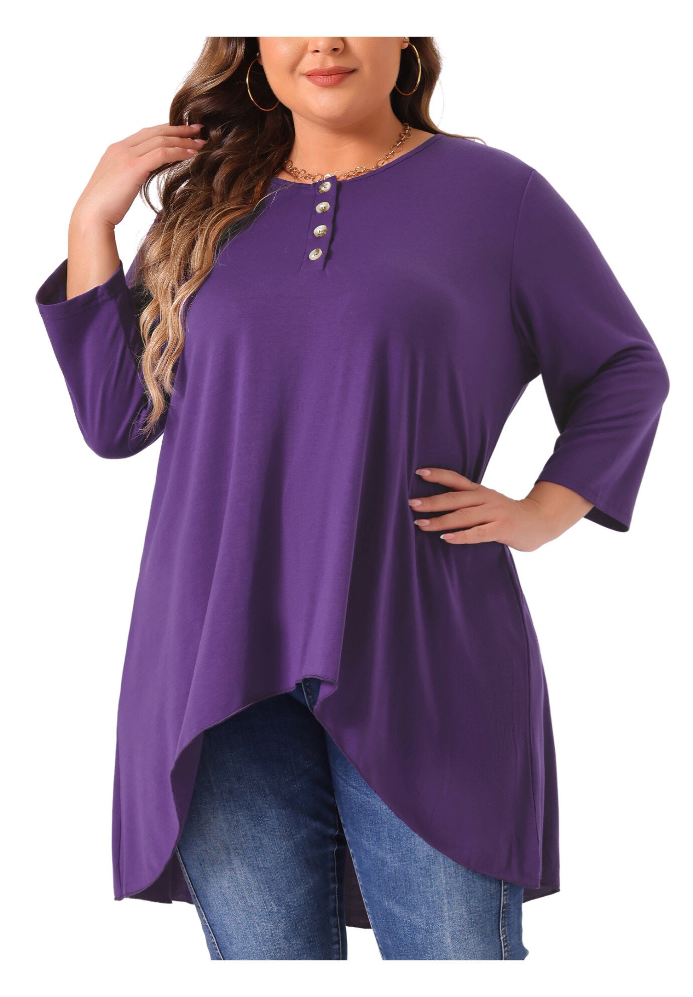 3/4 Sleeve Buttons Crew Neck High Low Loose Fit Tunic Top, Purple / Purple, alternate image number 1