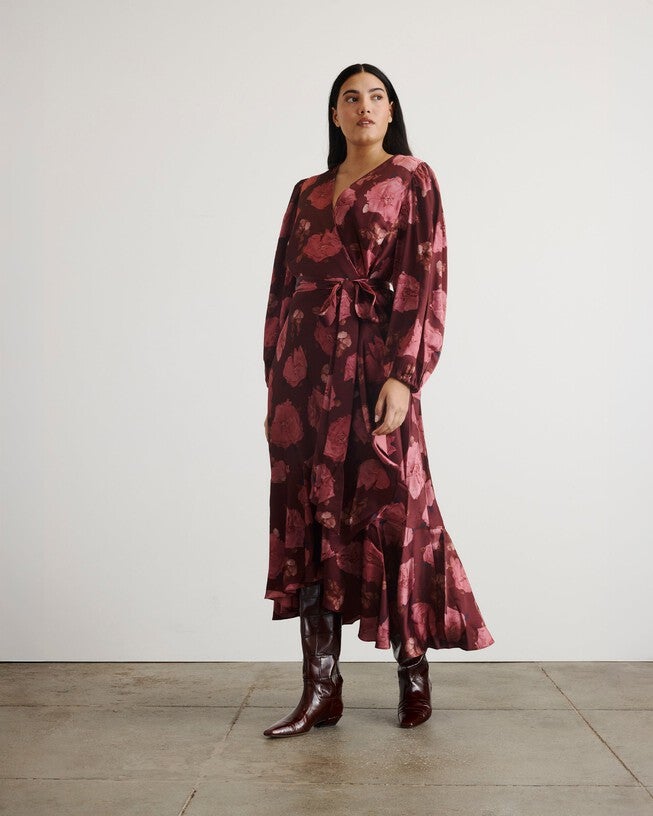Long Sleeve Blaire Dress, Mahogany Soft Carmine Multi / Deep Fuchsia, hi-res image number 0