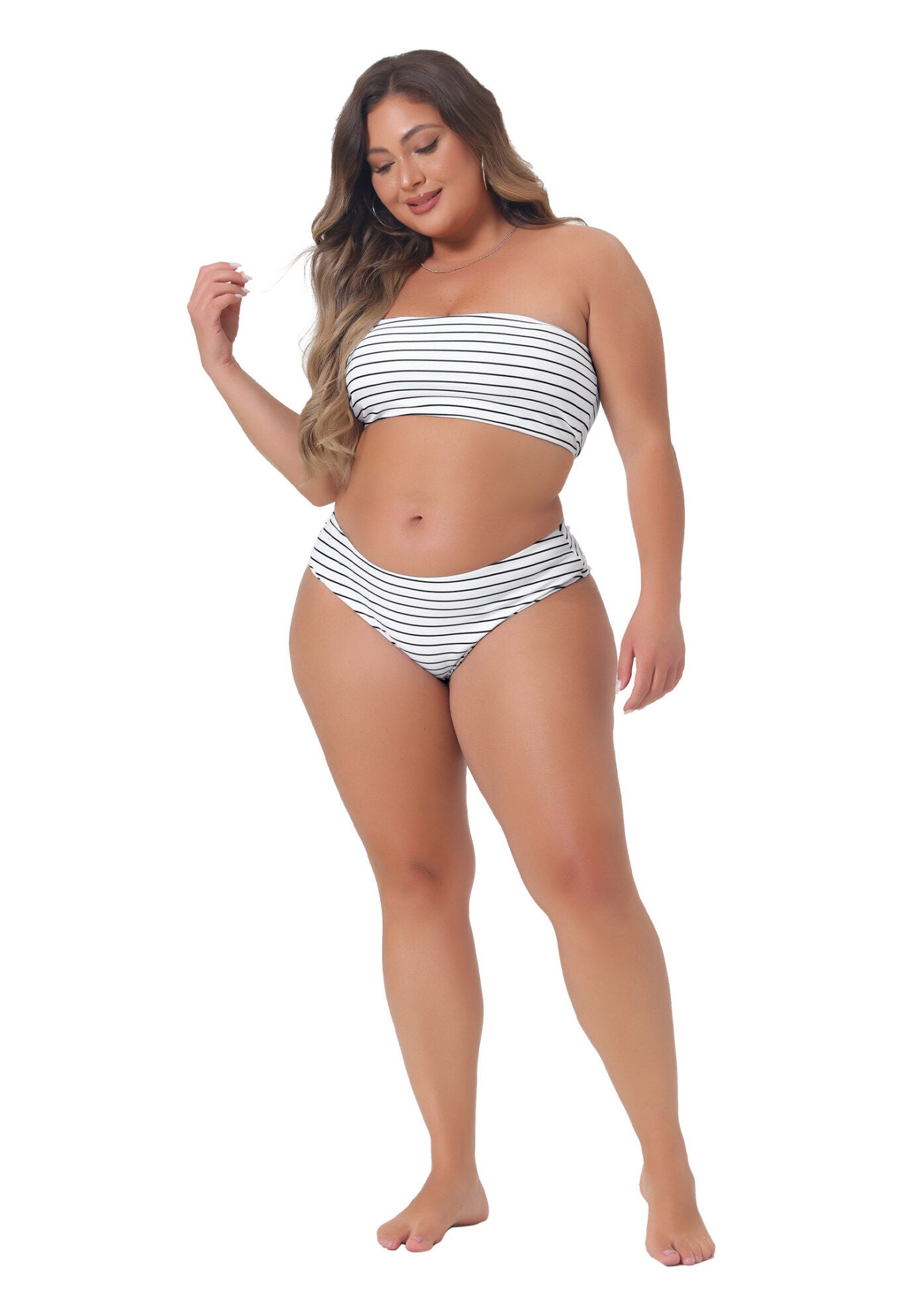 2 Pieces Bandeau Off Shoulder High Waist Bikini, White Stripes / White, hi-res image number 0