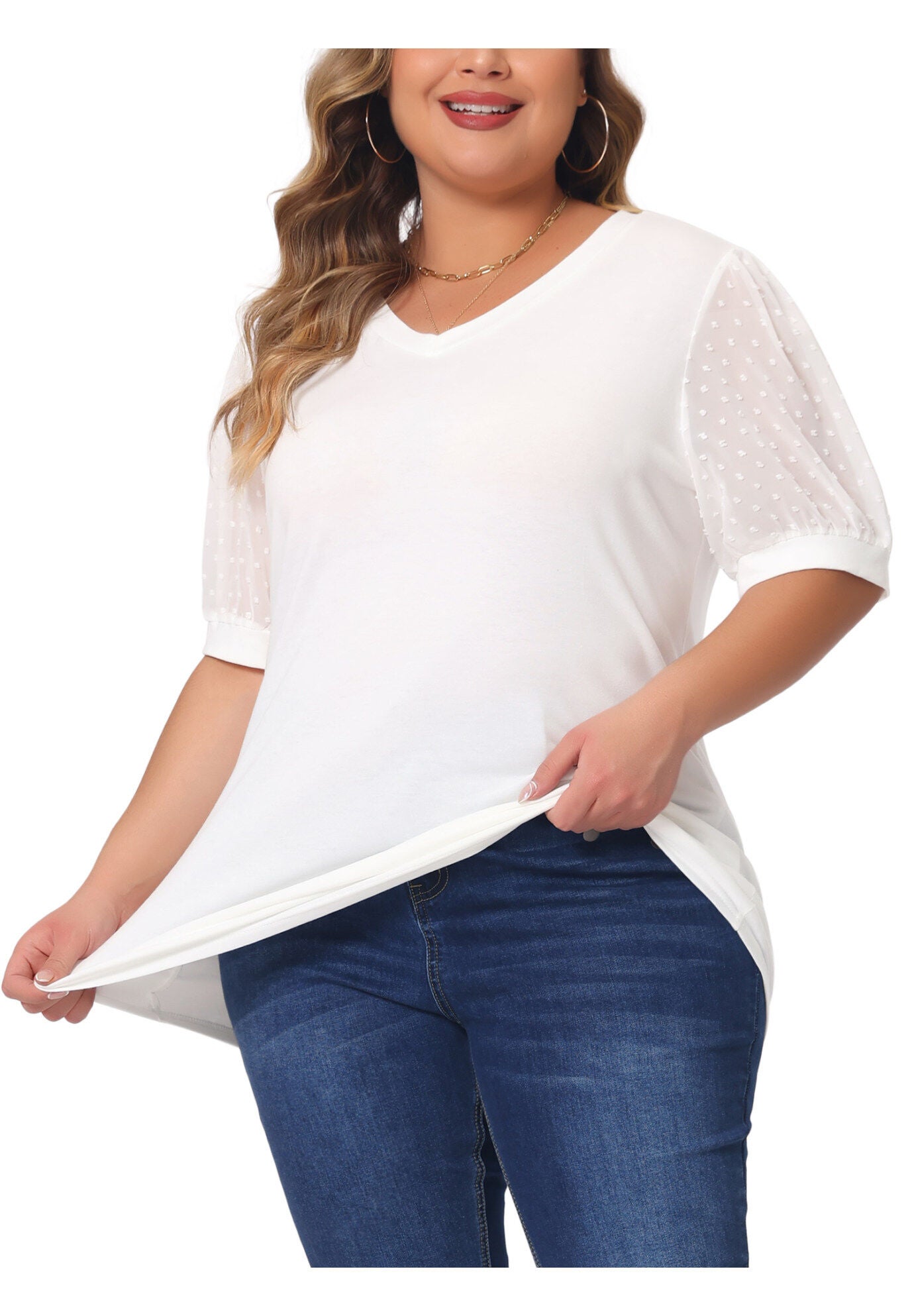 V Neck Swiss Dots Puff Sleeve Loose Top, White / White, alternate image number 1