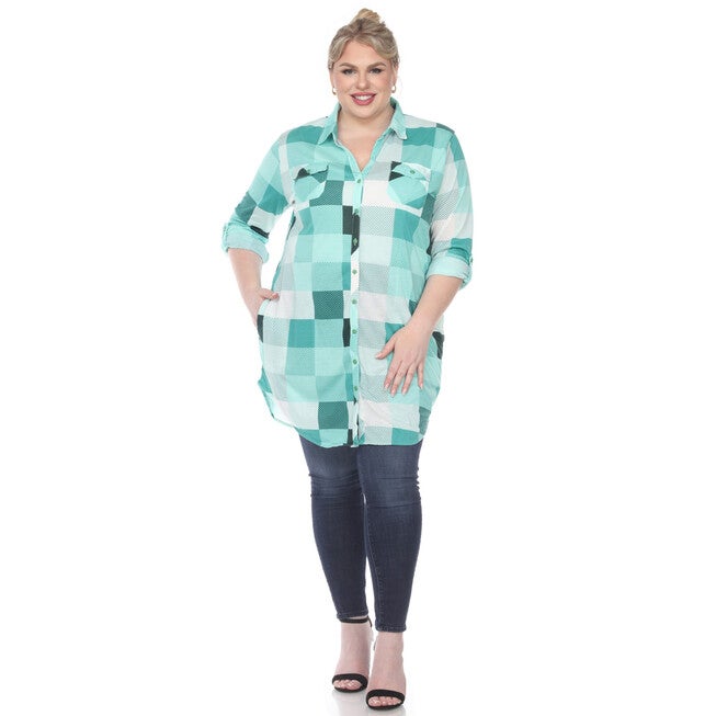 Plaid Button Down Tunic Shirt, Green White / Light Green, alternate image number 2