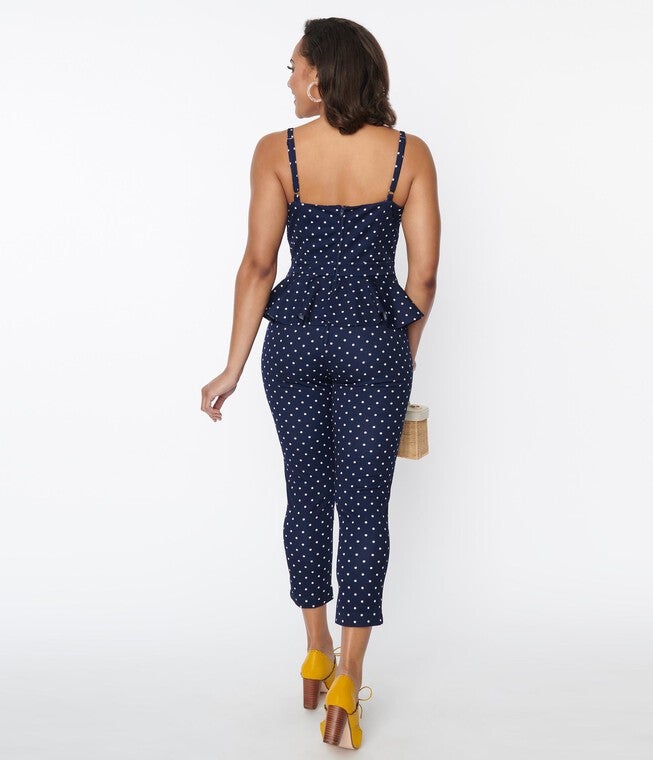 Unique Vintage Navy & White Dot Peplum Jumpsuit, , alternate image number 5