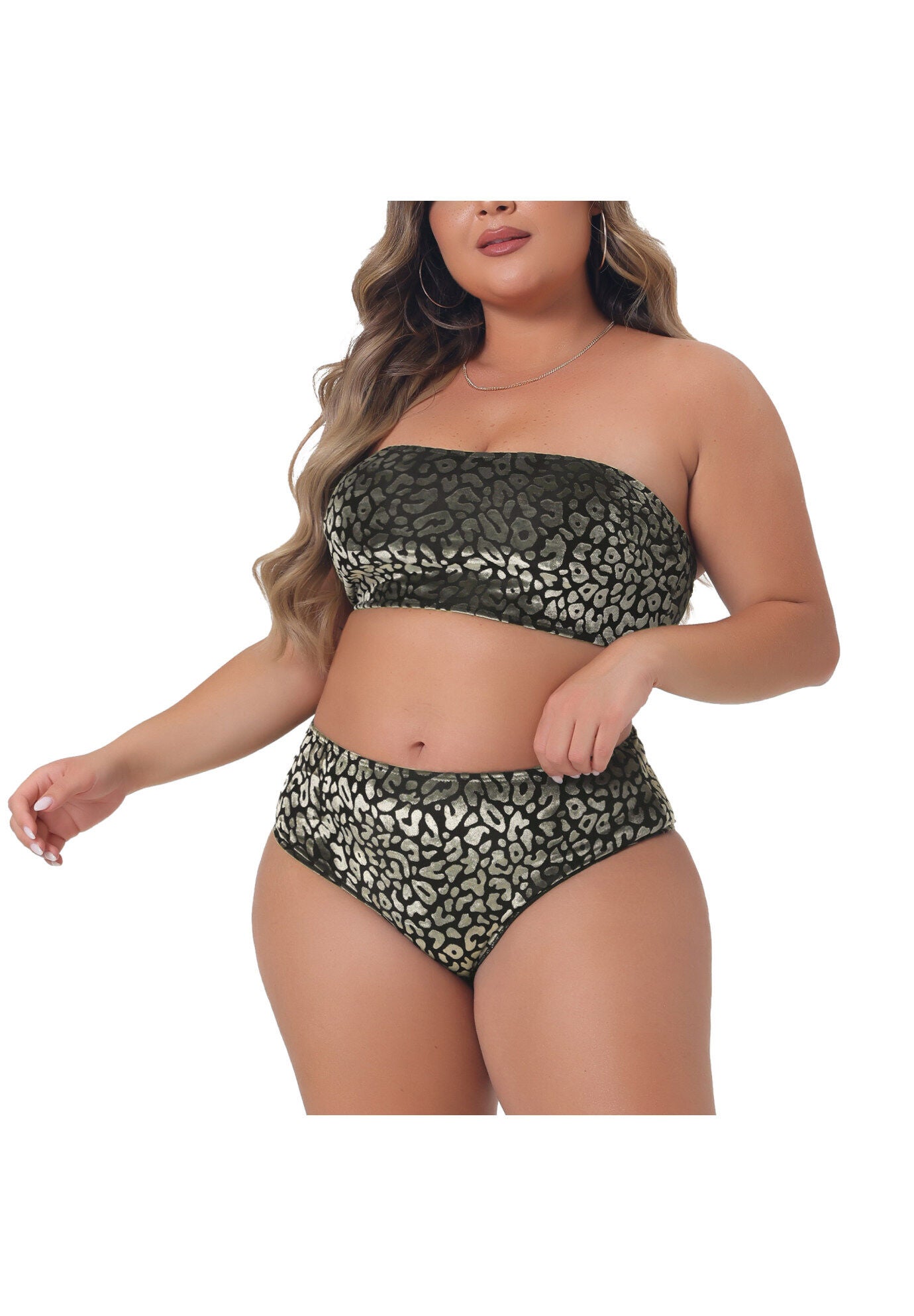 2 Piece Bandeau Bikini Velvet Leopard High Waisted Swimsuit, Green / Forest Green, alternate image number 1