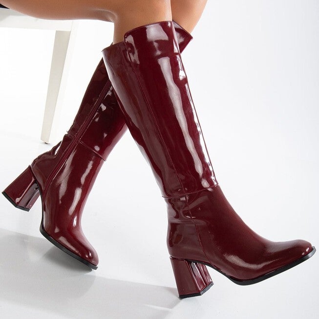 ADELE - BURGUNDY PATENT KNEE HIGH BOOTS, BURGUNDY / Burgundy, alternate image number 1