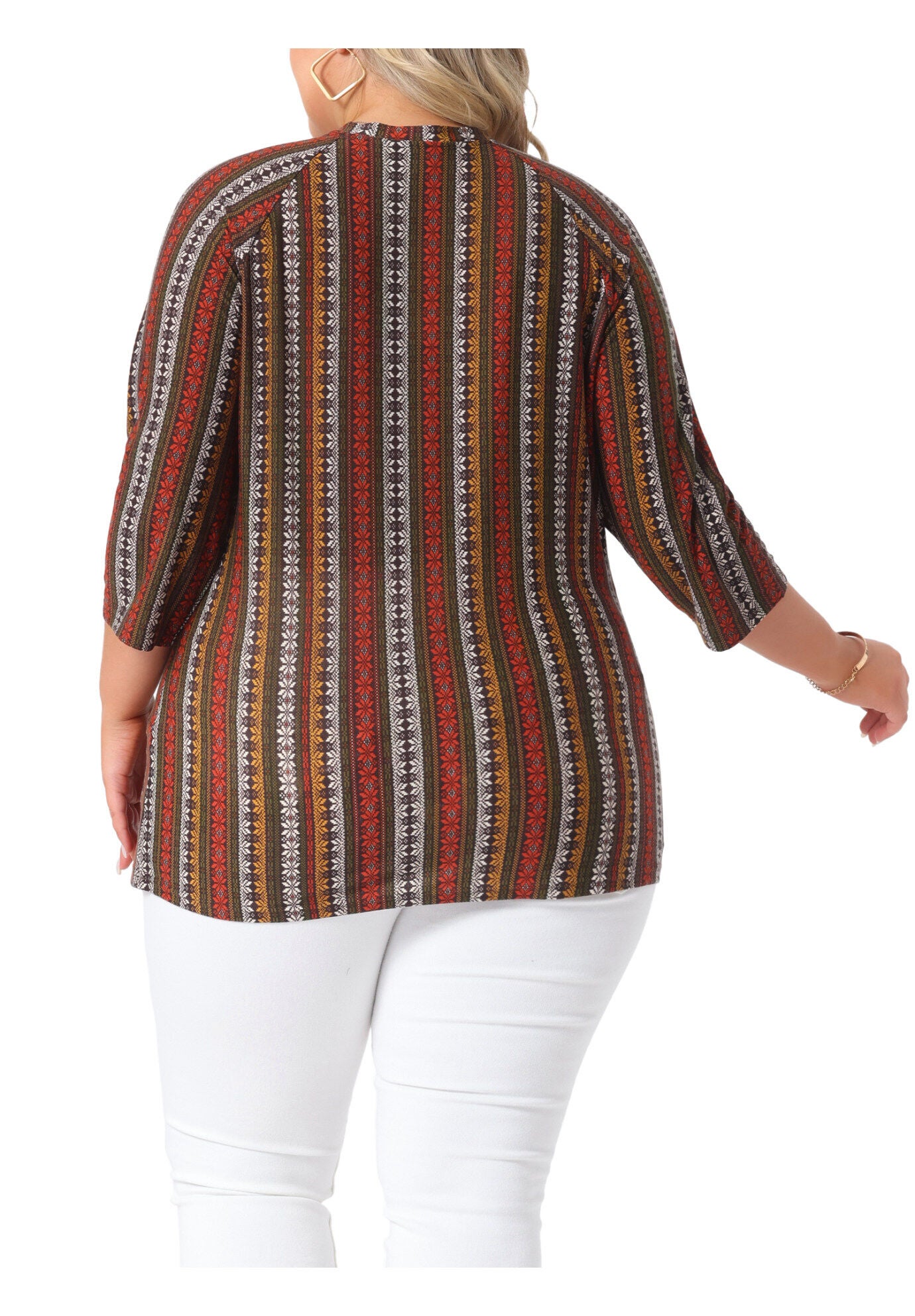 3/4 Sleeve Knit Blouse Tee Stripe Boho Top, Red Brown / Red, alternate image number 2