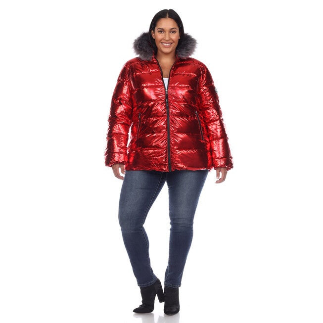 Metallic Puffer Coat with Hoodie, Red / Red, alternate image number 3