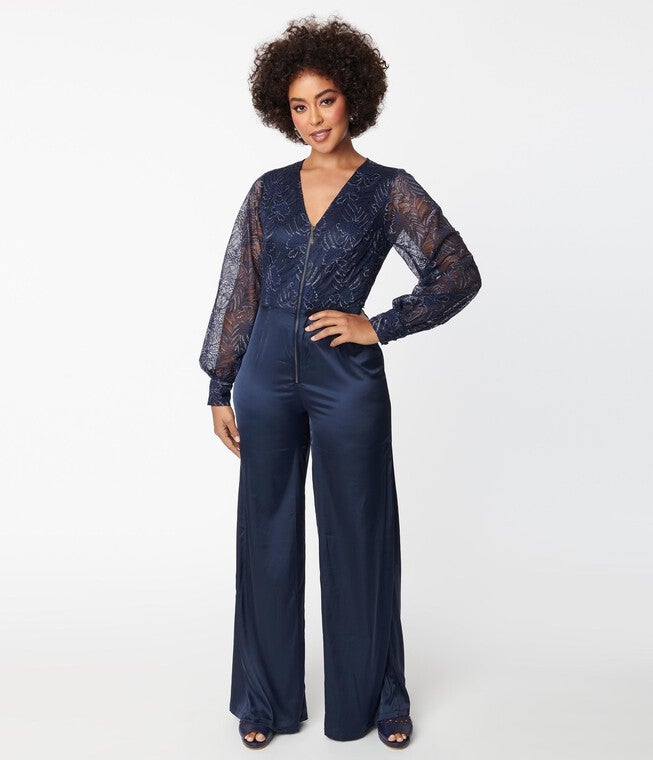 Unique Vintage Navy Sparkle Lace Jumpsuit & Skirt Overlay, NavyFloral / Navy, alternate image number 4