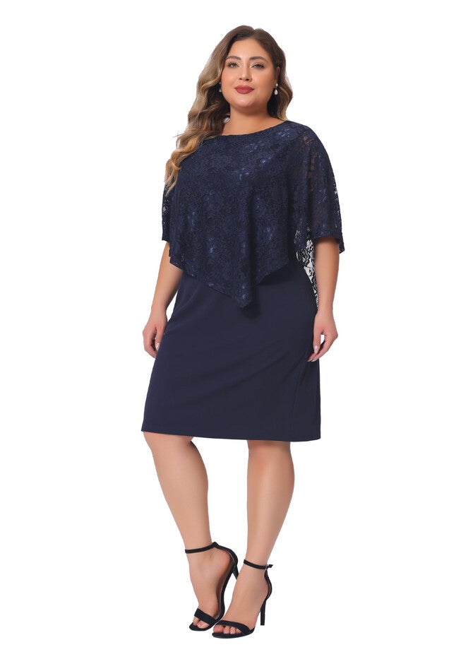 Lace Overlay Bodycon Pencil Cape Dress, Dark Blue / Navy, hi-res image number 0