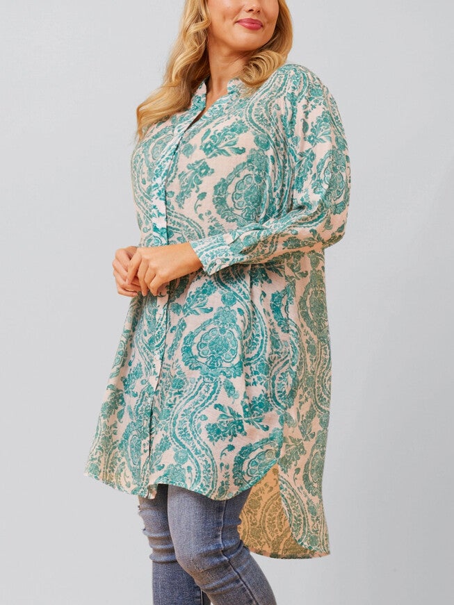Cezanne Tunic Shirt Dress Semi-Sheer Paisley Print, Green / Light Green, alternate image number 3