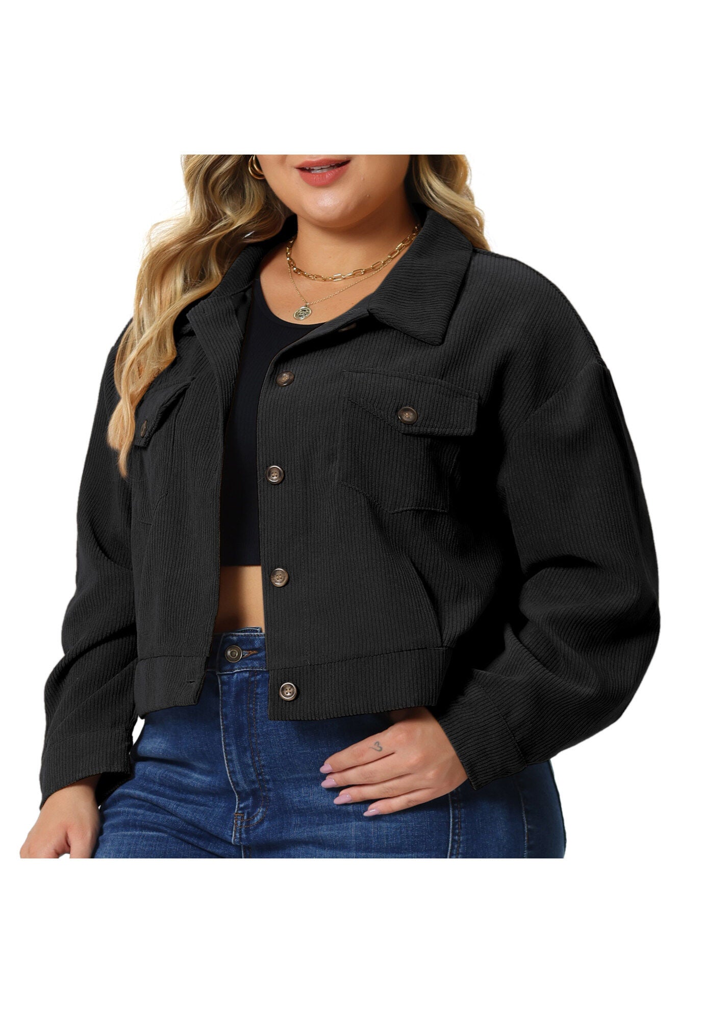 CORDUROY CROPPED BUTTON DOWN LONG SLEEVE SHIRT SHACKET JACKET, Black / Black, alternate image number 2