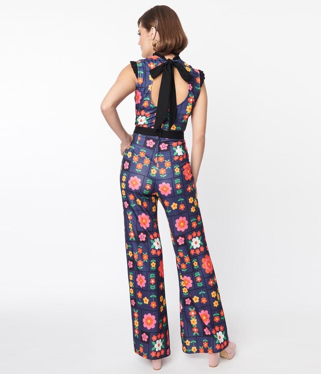 Smak Parlour Navy & Floral Wallpaper Back Bow Jumpsuit, Navy  Floral Wallpaper / Navy, alternate image number 3