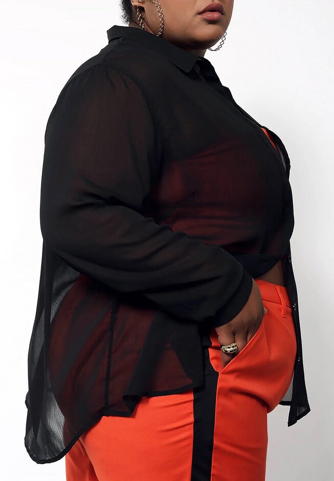 The Empower Sheer Long Sleeve Button Up, BLACK / Black, alternate image number 1