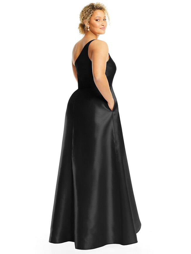 One-Shoulder Satin Gown with Draped Front Slit and Pockets, , alternate image number 6