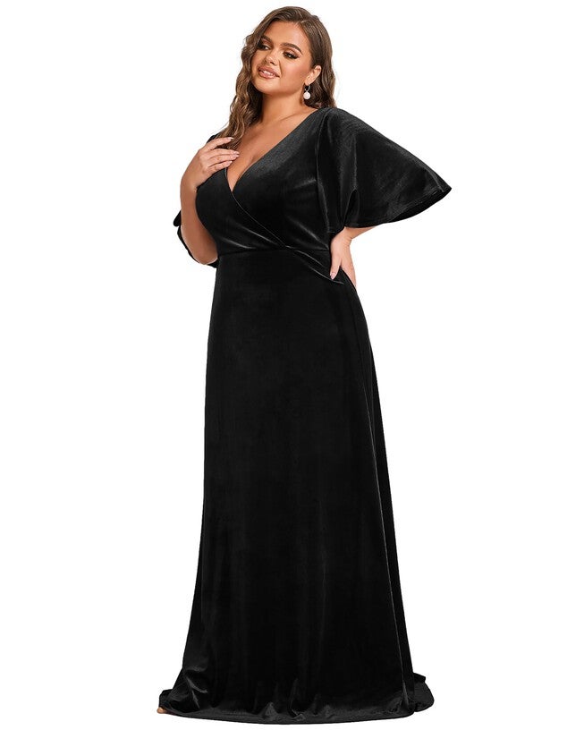 Elegant Double V Neck Velvet Party Dress with Sleeves, , alternate image number 7