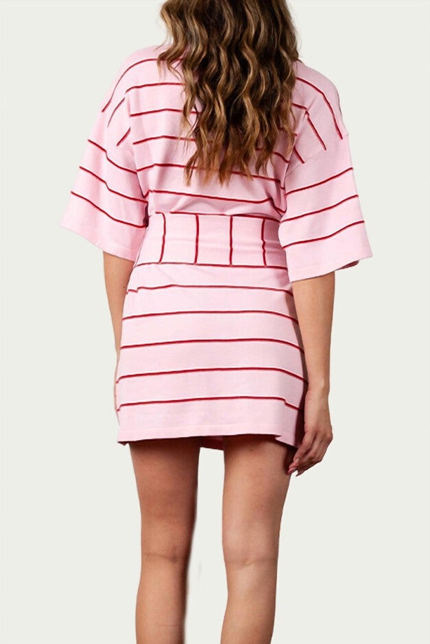 CYBELLE BELTED KNIT MINI DRESS IN PINK STRIPE, , alternate image number 5