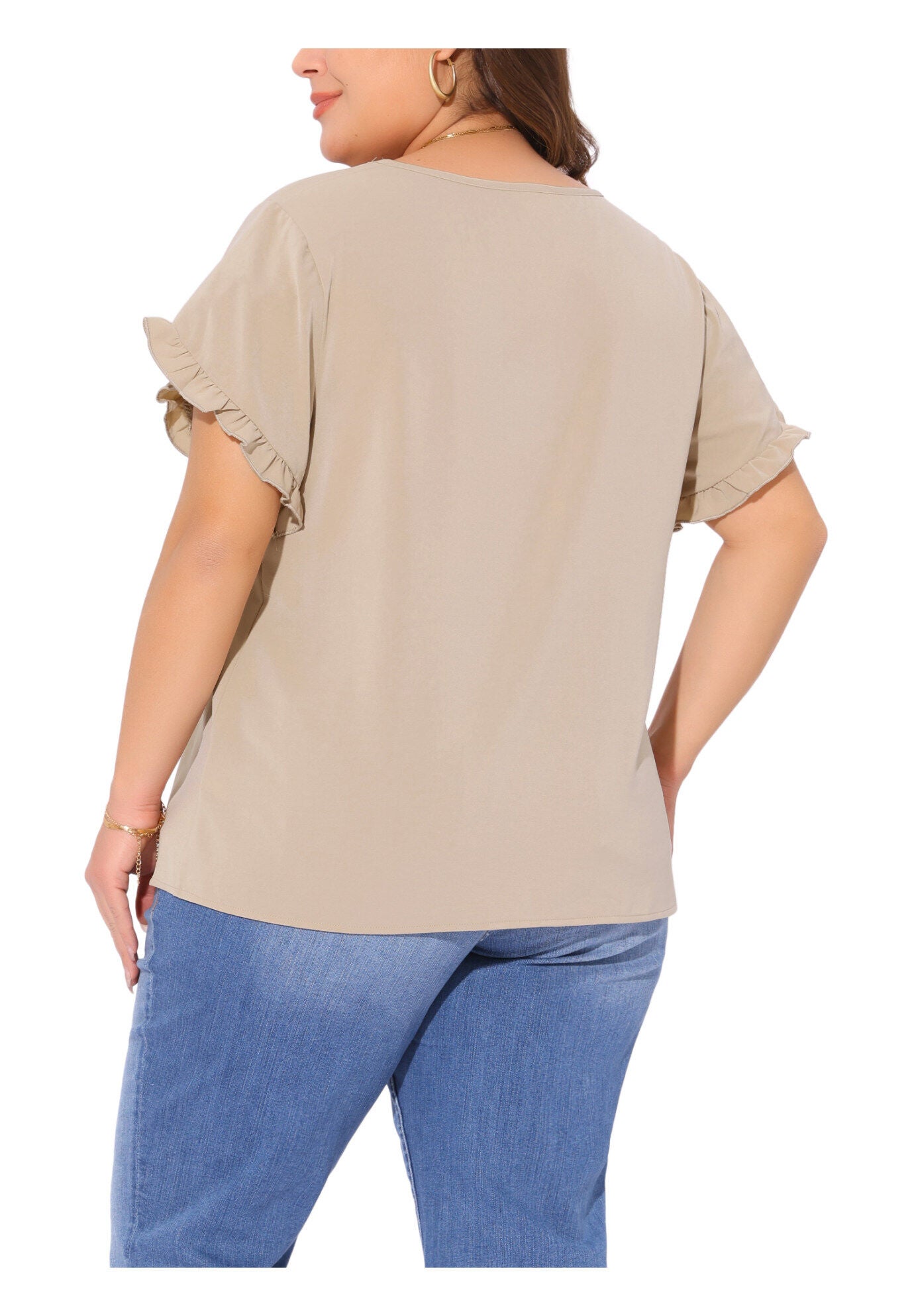 Crewneck Ruffle Short Sleeve Loose Blouse, Deep Apricot / Beige, alternate image number 3