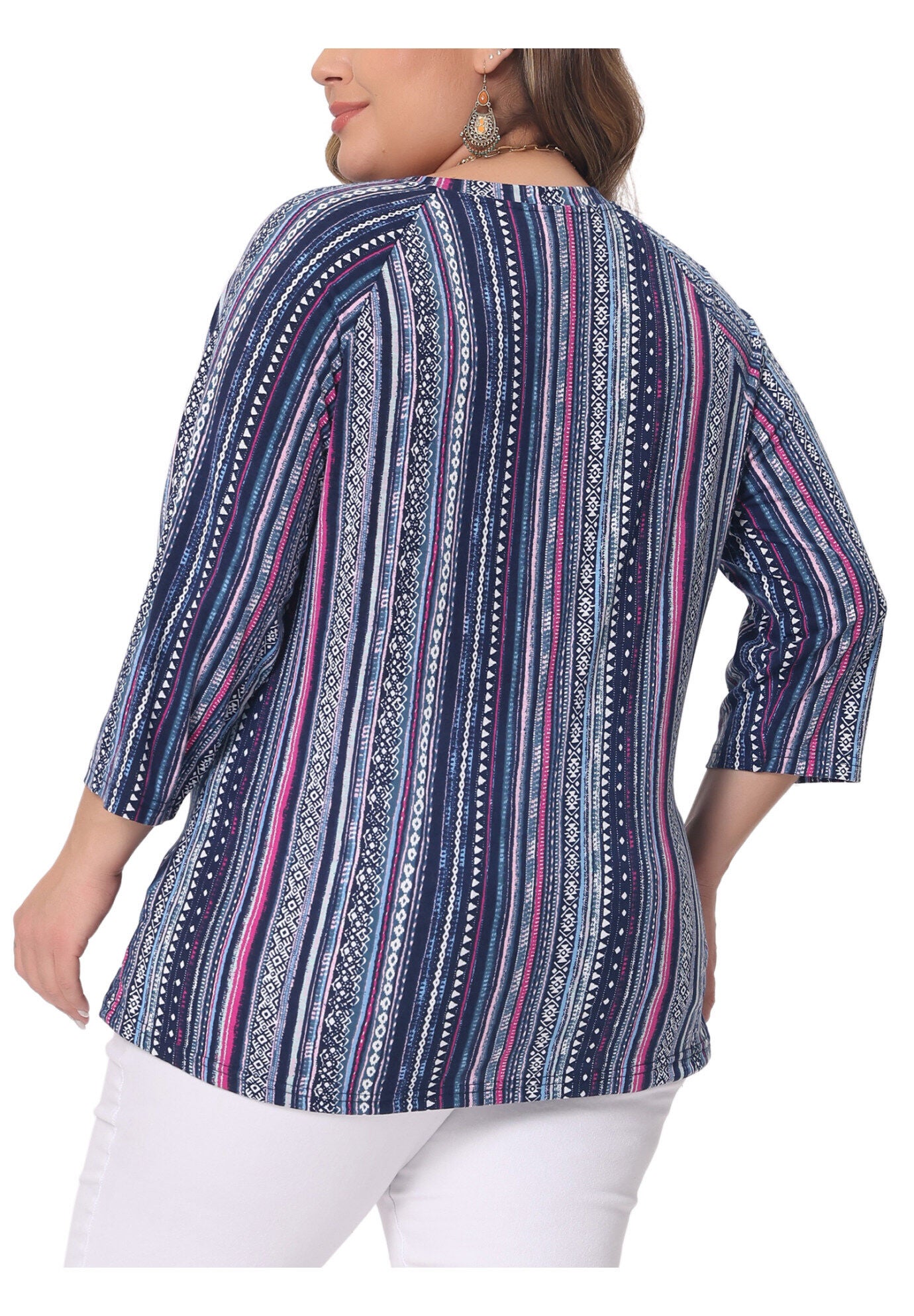 3/4 Sleeve Knit Blouse Tee Stripe Boho Top, Navy Blue / Navy, alternate image number 3