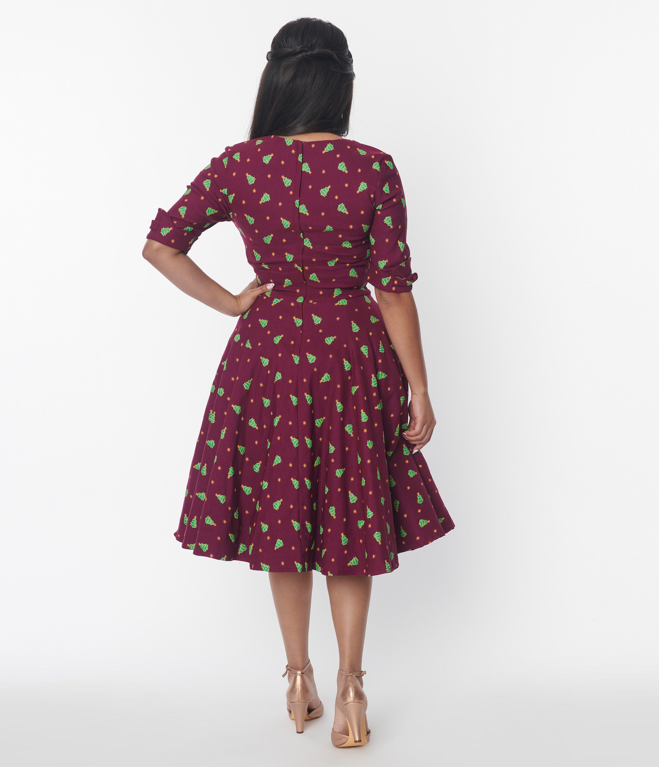 Unique Vintage Burgundy & Christmas Tree Delores Swing Dress, Burgundy  Christmas Tree / Burgundy, alternate image number 2