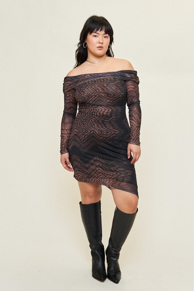 Ava Asymmetrical Mini Dress, Distorted Plaid / Brown, hi-res image number 0