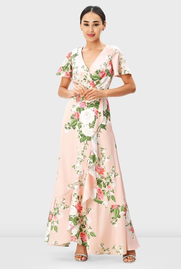 Floral Print Satin Faux-Wrap Dress, , alternate image number null