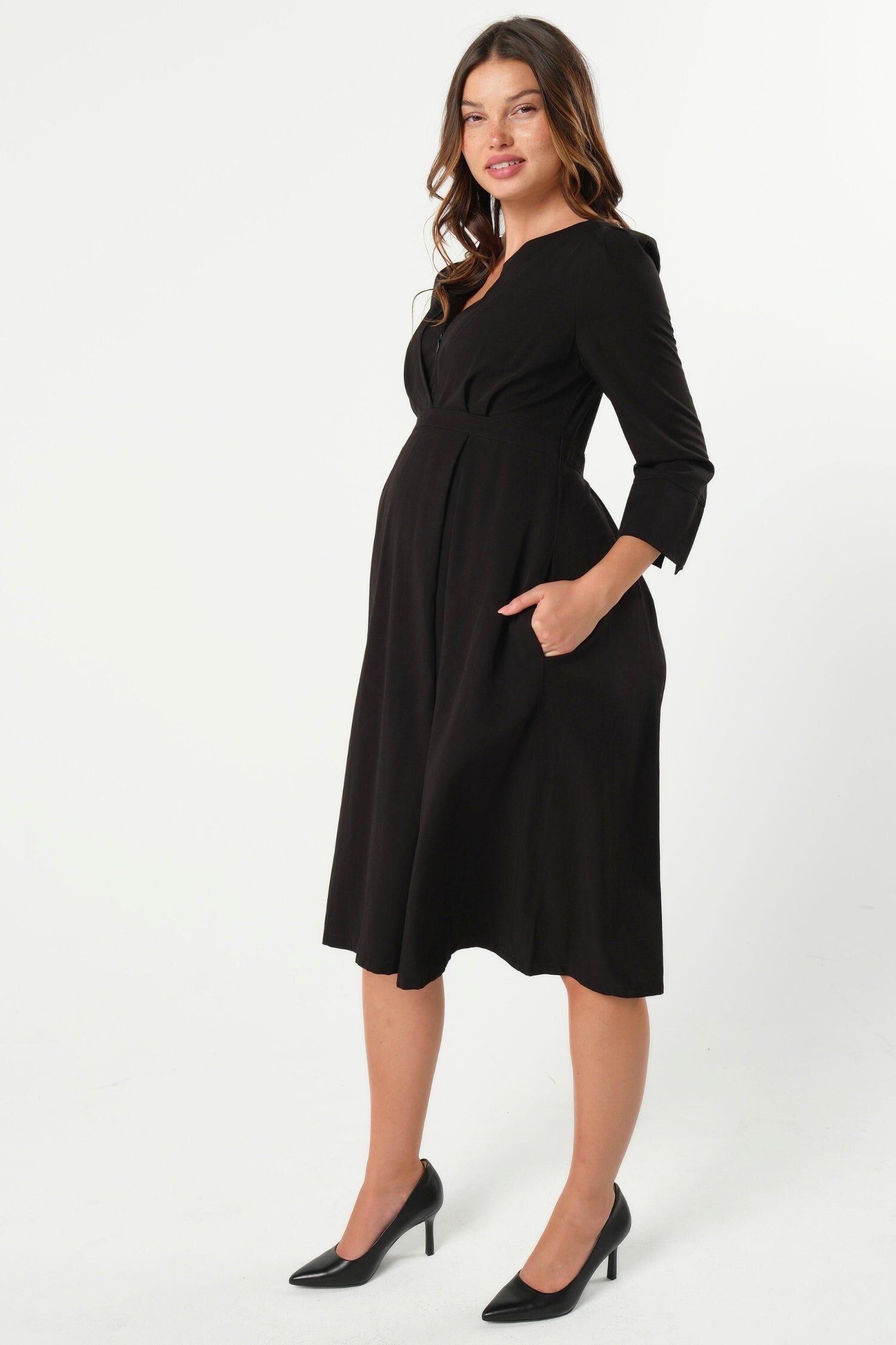 MARION Women&#39;s Empire Waist Maternity & Nursing Midi Tea Dress in TENCEL, Black / Black, alternate image number 1