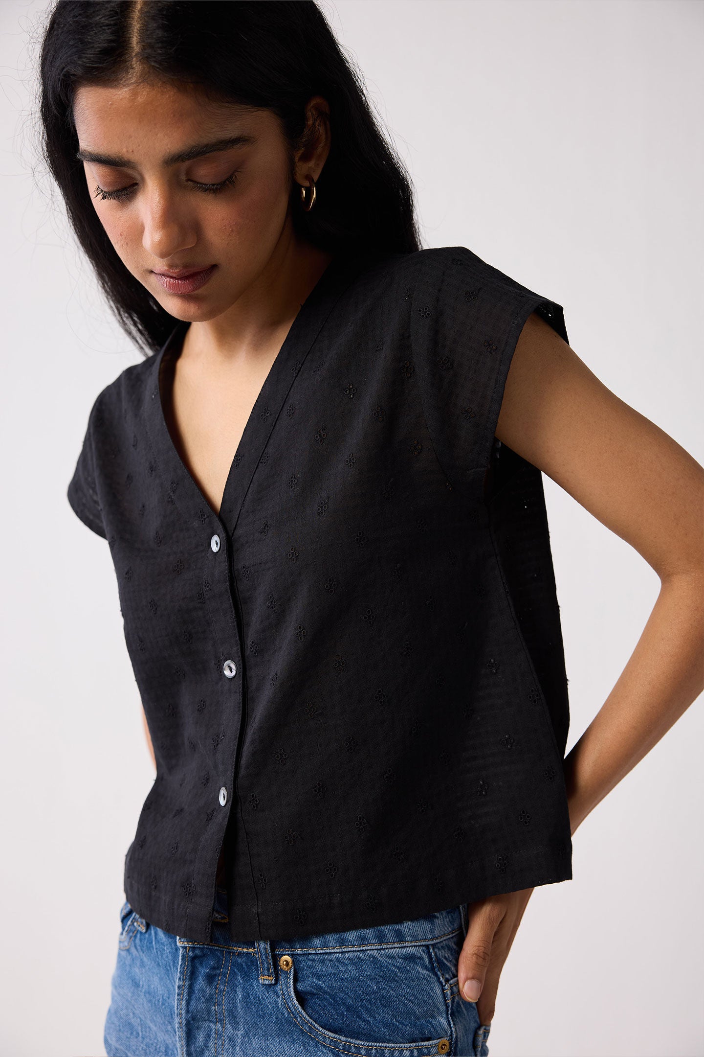 V-Neck Embroidered Top with Front Buttons in Black, Black / Black, alternate image number 2