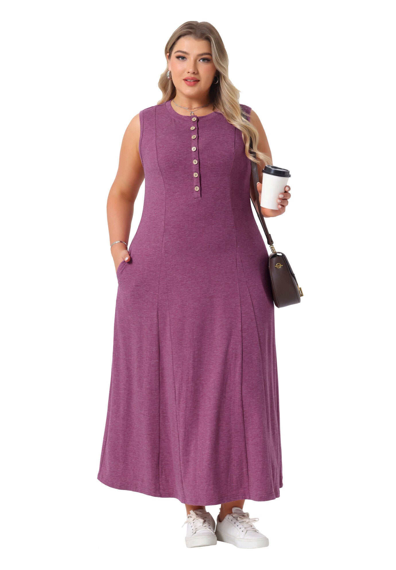 Summer Sleeveless Button A Line Tank Maxi Dress with Pockets, Burgundy / Purple, hi-res image number 0