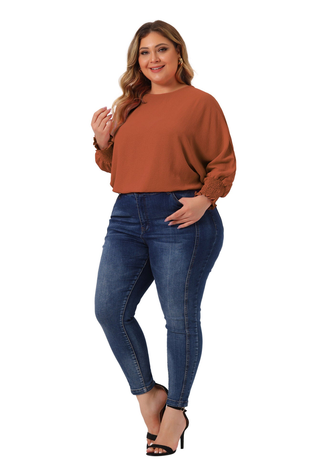 Chiffon Top Batwing Ruffle Long Sleeve Loose T-Shirt Blouse, Caramel / Brown, hi-res image number 0