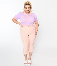 Unique Vintage Pink & White Pin Dot Heart Pocket Rachelle Capri Pants