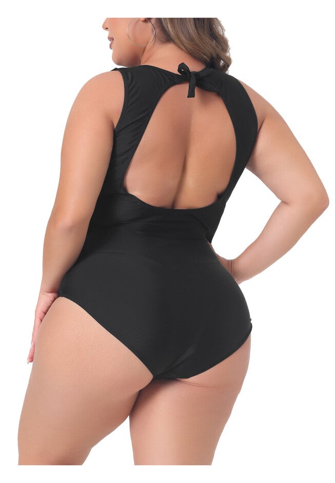 Summer Swimsuit Mesh Open Back Tie Plunge Swimwear, Black / Black, alternate image number 3