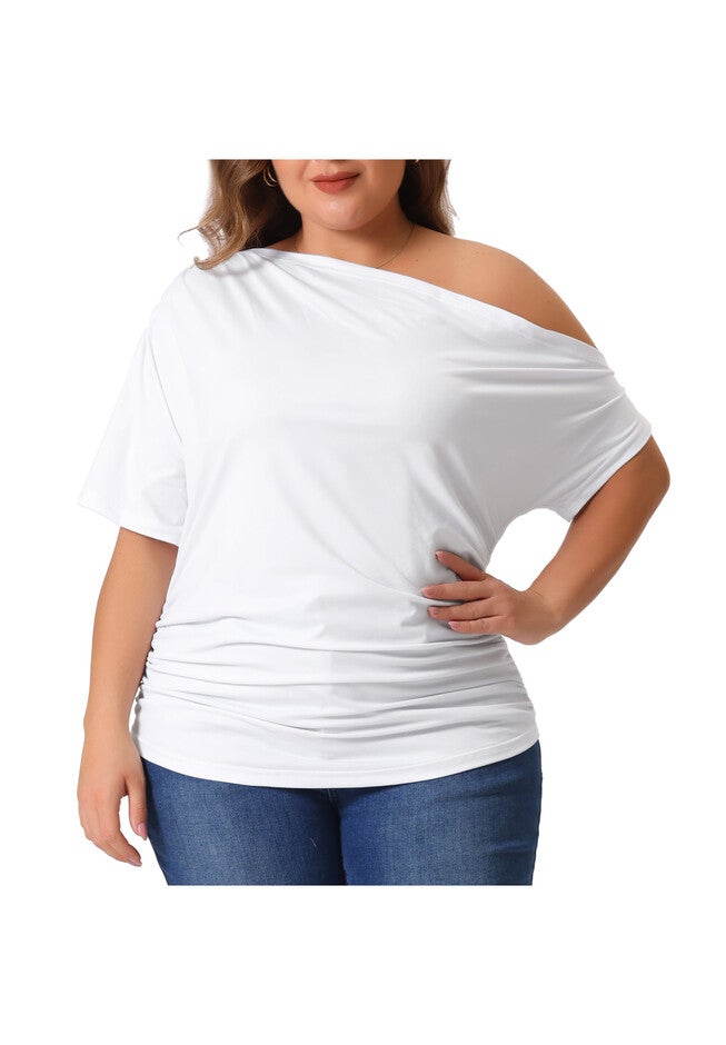 ONE SHOULDER SHORT SLEEVE RUCHED TOP, White / White, alternate image number 2