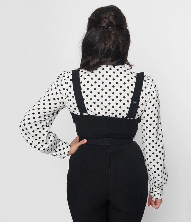 Unique Vintage White & Black Polka Sashed Bodysuit, White Black Polka Dot / White, alternate image number null