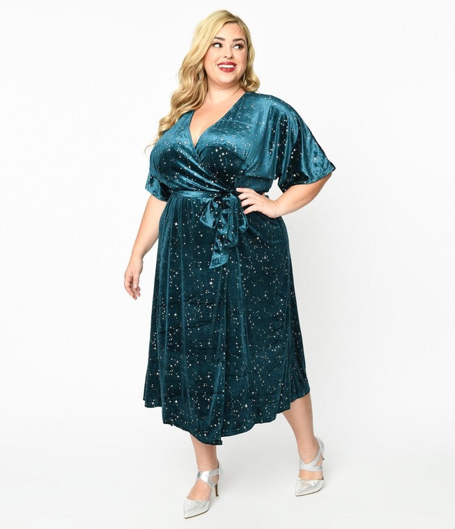 Unique Vintage Teal Velvet & Silver Stars Wrap Midi Dress, Teal Velvet Silver Stars / Teal, hi-res image number 0