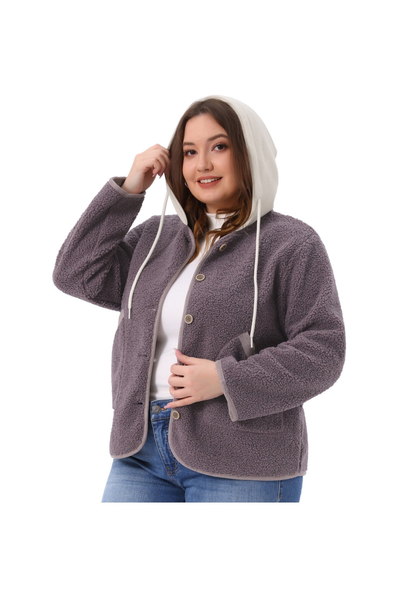 Hooded Fleece Teddy Fluffy Outerwear Coats with Pockets, Purple / Purple, alternate image number 1