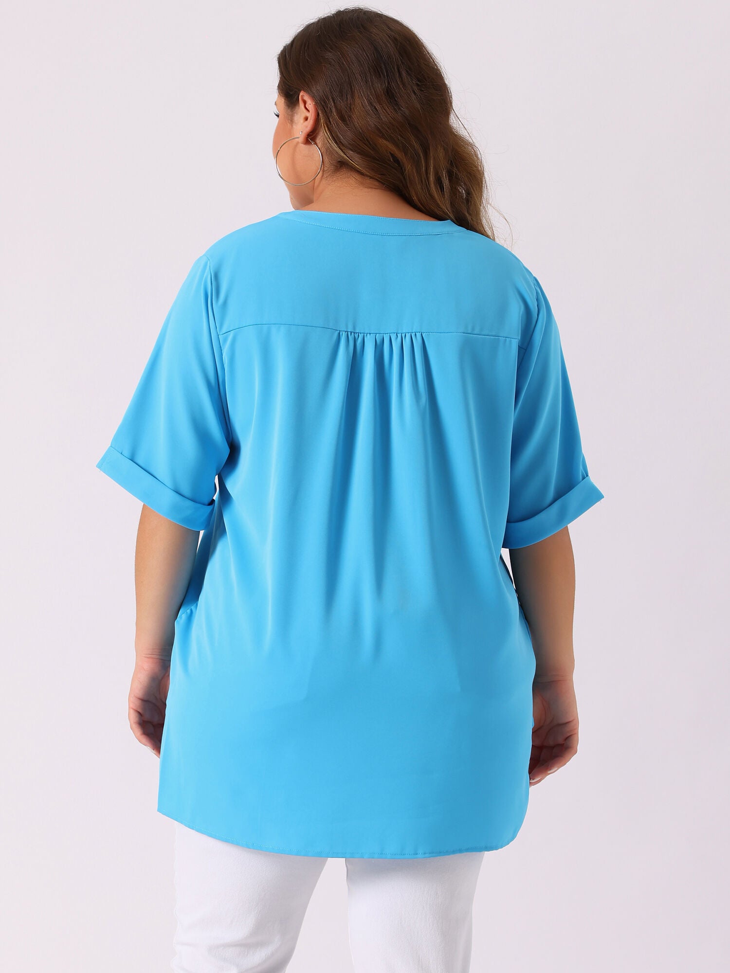 V Neck Casual Solid 1/2 Sleeve Tunic Blouse, Blue / Azure Blue, alternate image number 1