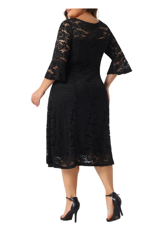 Lace V-Neck 3/4 Sleeve Midi Swing Evening Bridesmaid Dress, Black / Black, alternate image number 2