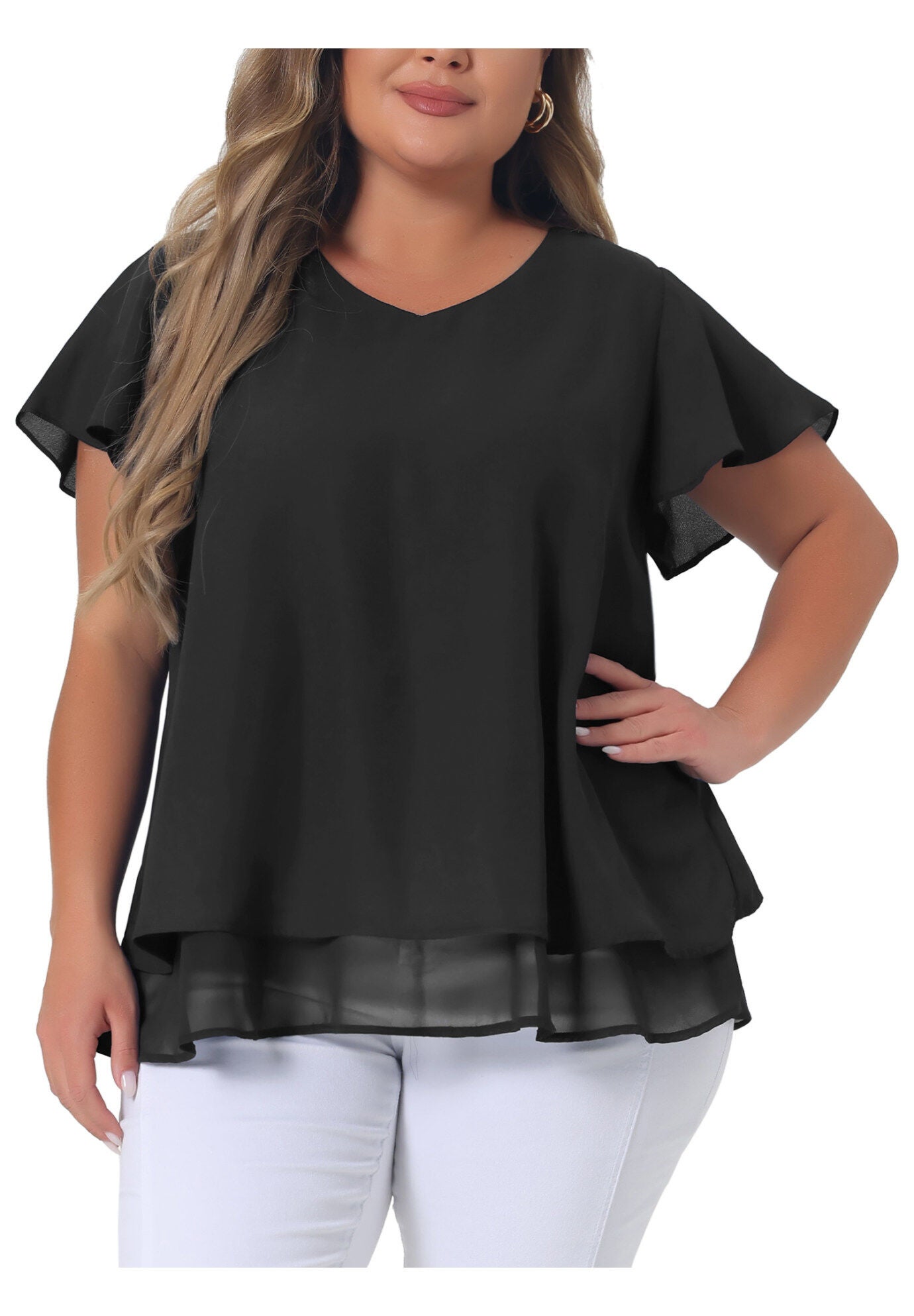 Summer Top Ruffle Short Sleeve V Neck Double Layered Hem Chiffon Blouse, Black / Black, alternate image number 2