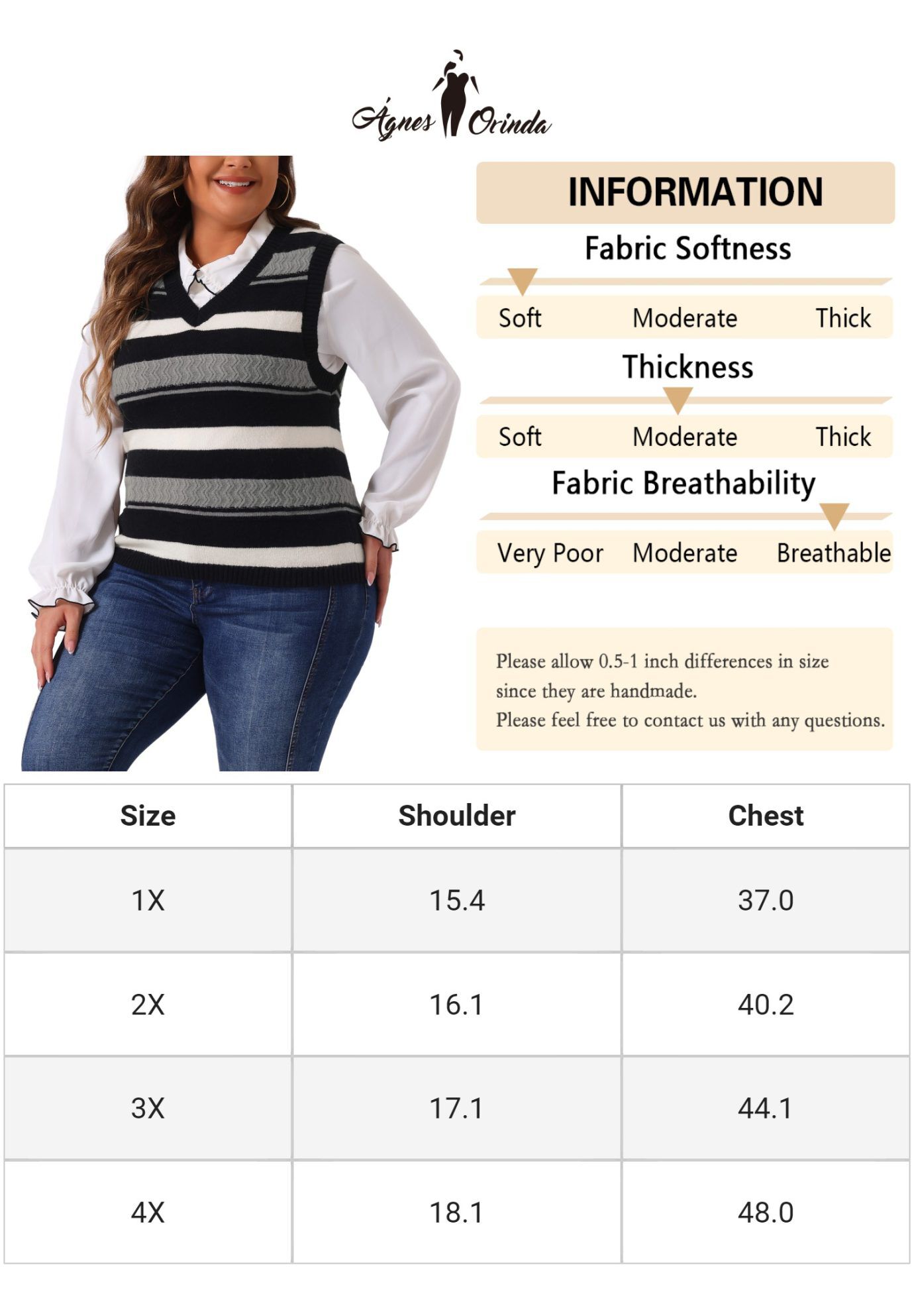 V Neck Striped Knit Casual Pullover Sweater Vest, Black / Black, alternate image number 4