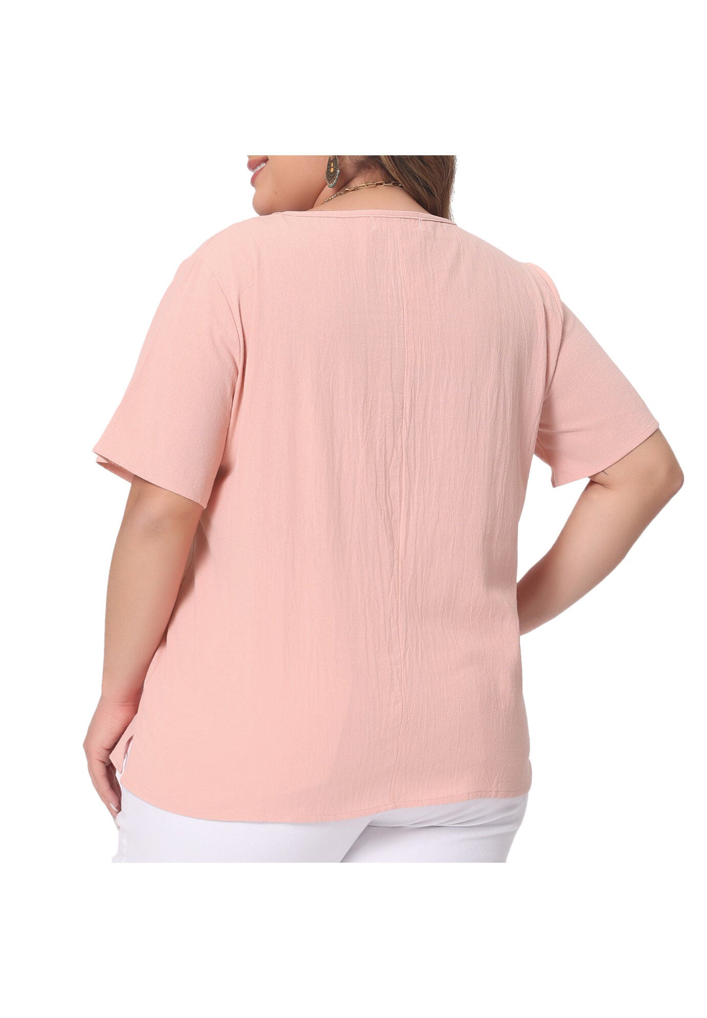 Short Sleeve Round Neck Cotton Linen T-Shirt Top, Pink / Pink, alternate image number 3