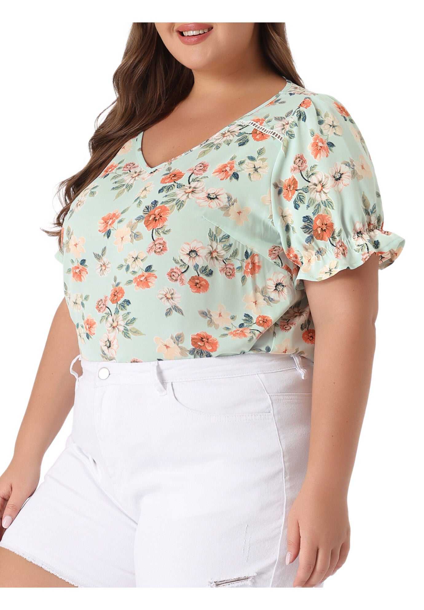 V Neck Ruffle Short Sleeve Chic Summer Blouses, Light Green / Light Green, alternate image number 1