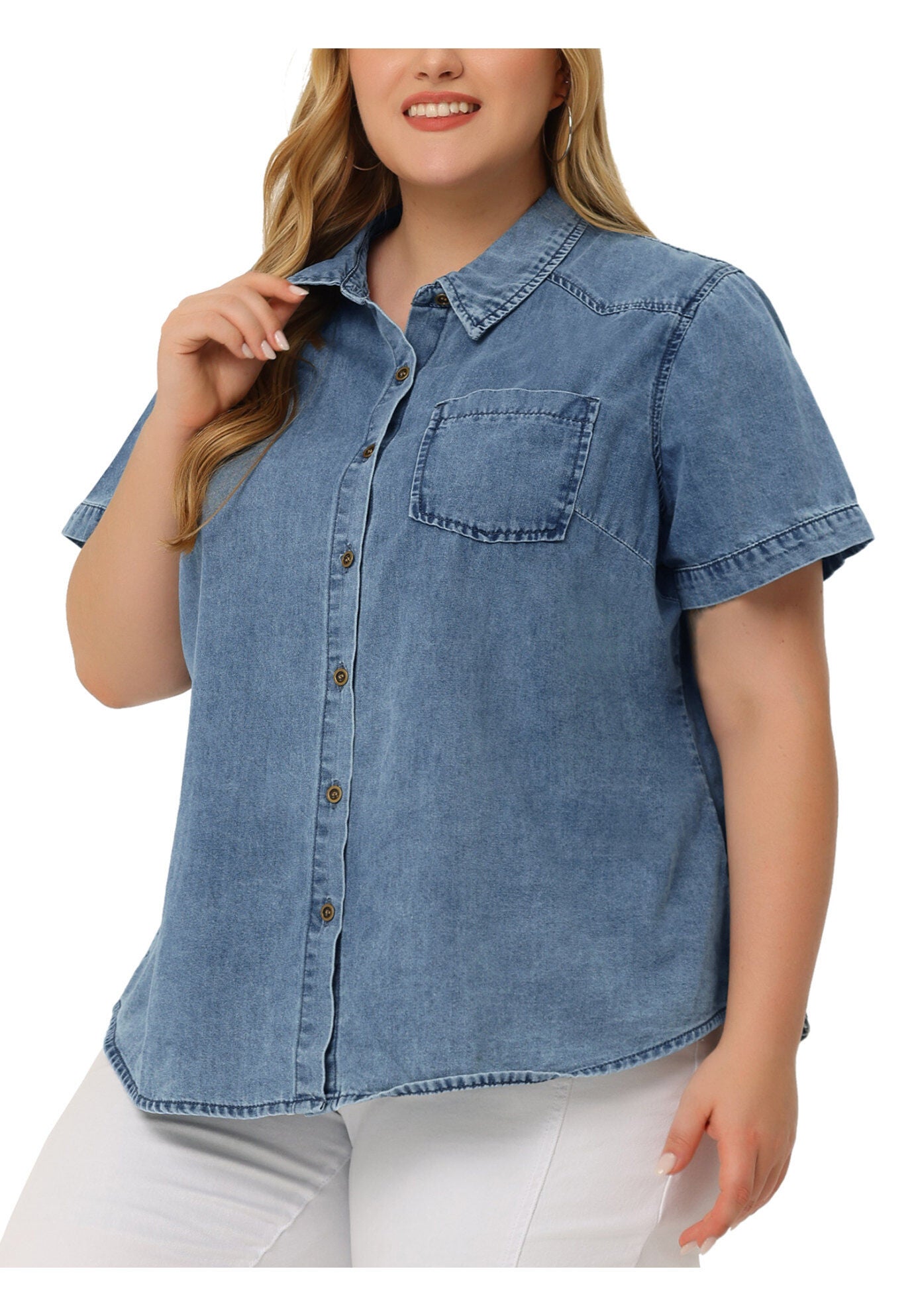 Jean Short Sleeve Button Down Top Denim Shirt, Stone Washed Blue / Medium Wash, alternate image number 1