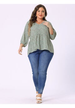 V Neck Babydoll Flowy 3/4 Lantern Sleeve Floral Blouse