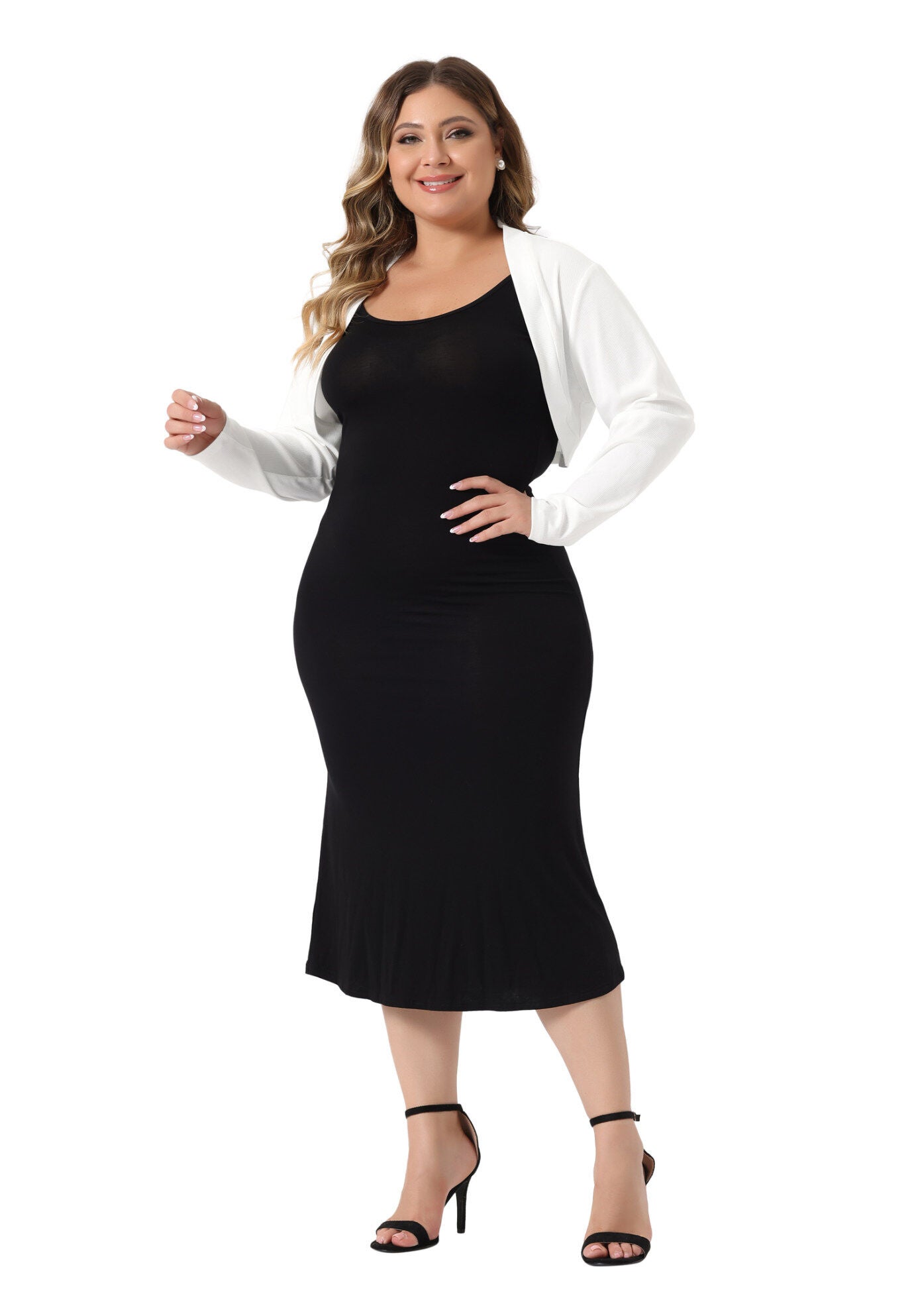 CROPPED LONG SLEEVE OPEN FRONT BOLERO SHRUG, White / White, hi-res image number 0