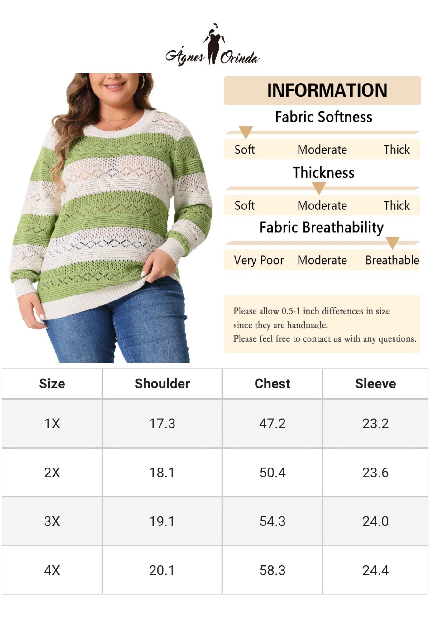 Crewneck Lightweight Hollow Knit Pullover Top, Green White / Light Green, alternate image number 4